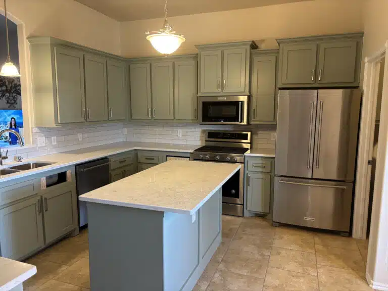 New Kitchen remodel wide angle photo, work done by Tile Genie of Oklahoma.